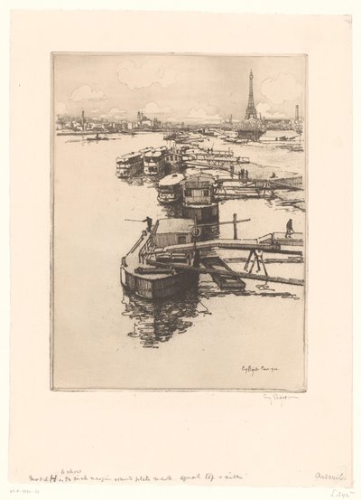 Kai med omnibusbåter i Paris med Eiffeltårnet i bakgrunnen av Eugène Bejot (signed by artist)