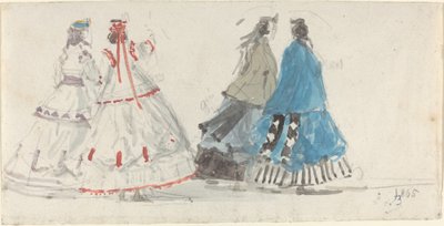 Fire damer i Crinolines går på Trouville av Eugène Boudin