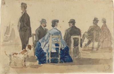 Mine damer og herrer sitter på stranden med en hund av Eugène Boudin