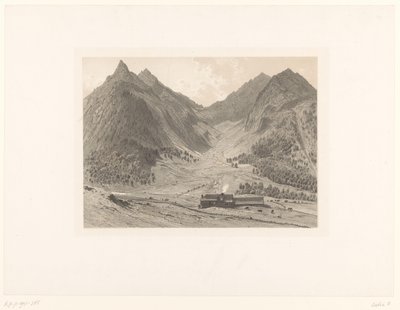 Fjelllandskap med hus i alpin eng av Eugène Cicéri (attributed to)