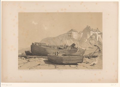 Steinete kyst med båter og fiskevær av Eugène Cicéri (attributed to)