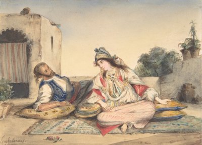 Et marokkansk par på terrassen deres, 1832. av Eugène Delacroix