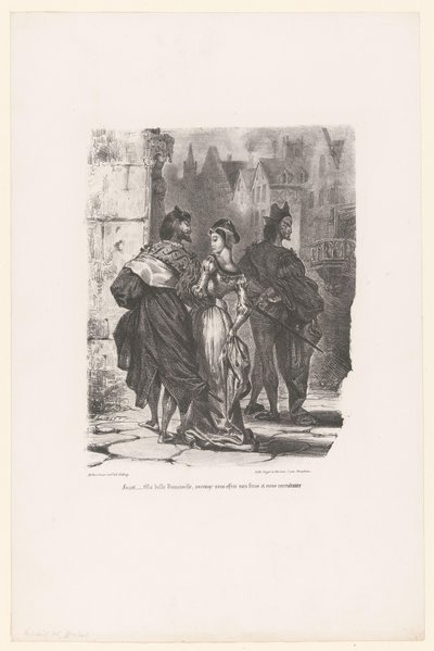 Faust probeert Grietje te verleiden Faust: Min vakre unge dame, ville jeg våge å tilby deg armen min og kjøre deg hjem? (tittel på objekt) Faust (serietittel) Faust, tragedie av M. de Goethe (serietittel) av Eugène Delacroix