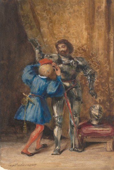 Goetz von Berlichingen blir kledd i rustning av Hans Page George, 1826-27. av Eugène Delacroix