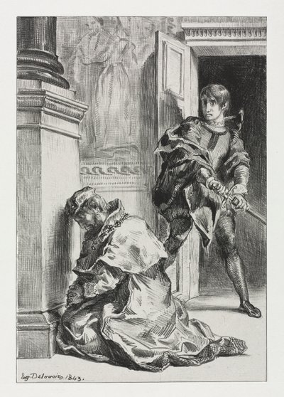Hamlet: Hamlet forsøker å drepe kongen av Eugène Delacroix