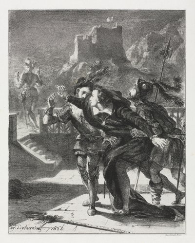 Hamlet: Hamlet skynder seg å følge sin fars ånd av Eugène Delacroix