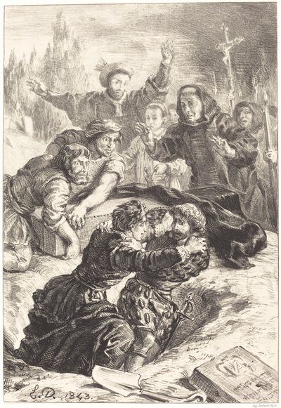 Hamlet og Laertes i graven til Ophelia (akt V, scene I) av Eugène Delacroix