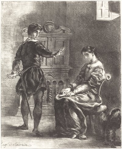 Hamlet og Ophelia (Act III, Scene I) av Eugène Delacroix