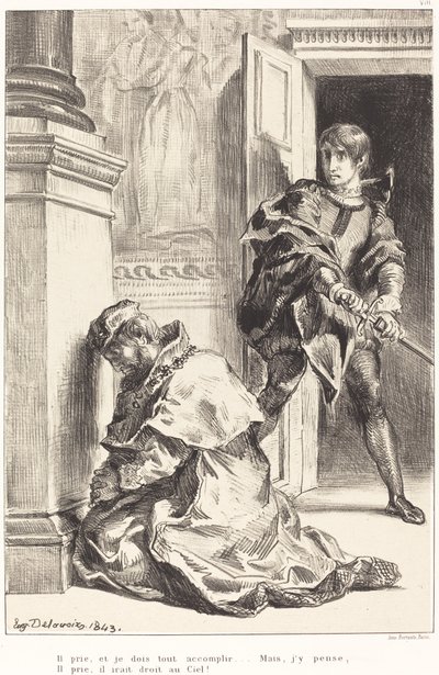 Hamlet er fristet til å drepe kongen (Act III, Scene III) av Eugène Delacroix