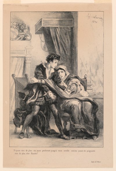 Illustrasjon for Hamlet: Hamlet and the Queen (III,4) av Eugène Delacroix