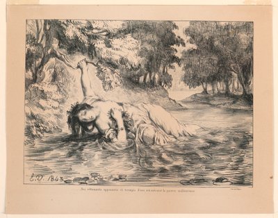Illustrasjon for Hamlet: The Death of Ophelia (IV, 7) av Eugène Delacroix