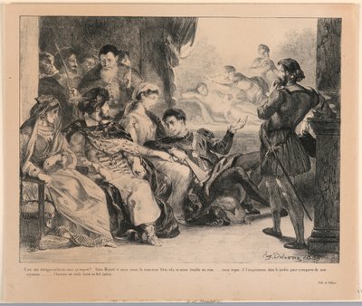 Illustrasjon for Hamlet: Spillerne representerer Hamlets fars død (III,2) av Eugène Delacroix