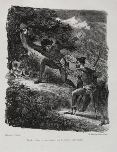 Illustrasjoner for Faust: Faust og Méphistophélés i Hartz-fjellene av Eugène Delacroix