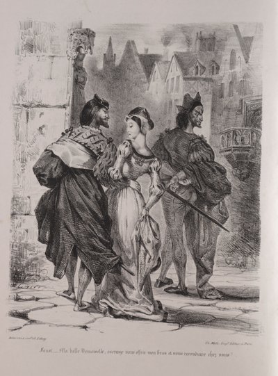 Illustrasjoner for Faust: Faust søker å lokke Marguerite av Eugène Delacroix