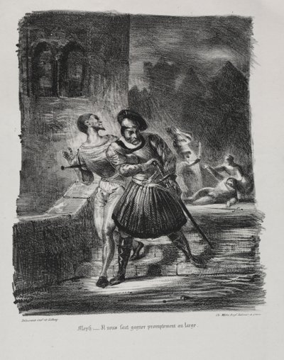 Illustrasjoner for Faust: Mephistopheles og Faust flykter etter duellen av Eugène Delacroix