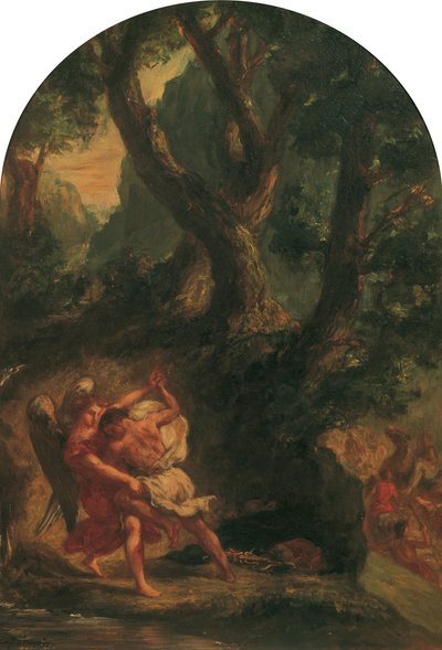 Jacob bryter med engelen, 1850-1855. av Eugène Delacroix