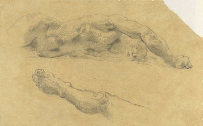 Liggende naken mann; benet hans separat av Eugène Delacroix