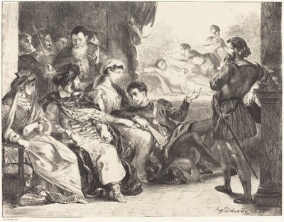 Spillere som vedtar forgiftningen av Hamlets far Act III, Scene II, 1835. av Eugène Delacroix
