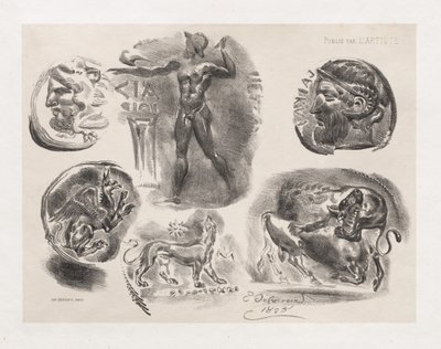 Ark med seks antikke mynter av Eugène Delacroix