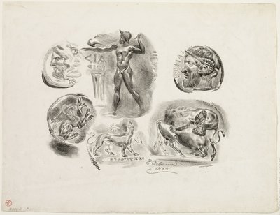 Foaie cu șase medalii antice norvegiane av Eugène Delacroix
