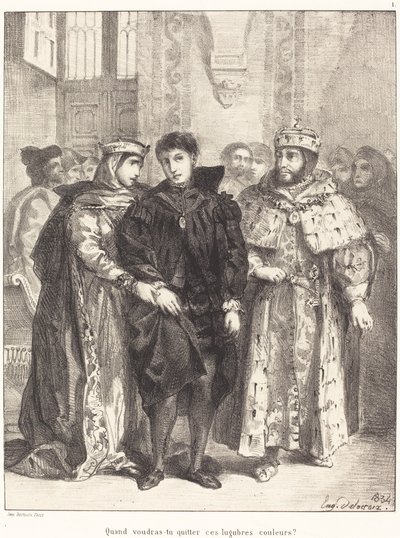 Dronningen prøver å trøste Hamlet Act I, Scene II, 1834. av Eugène Delacroix