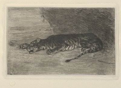 Tiger som ligger ved inngangen til hulen sin, ca. 1828-30., ca. 1828-30. av Eugène Delacroix