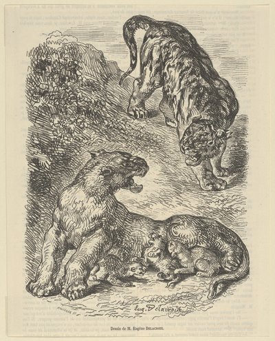 Tigress angrepet av en tiger mens hun ammer hennes unge, 1853., 1853. av Eugène Delacroix