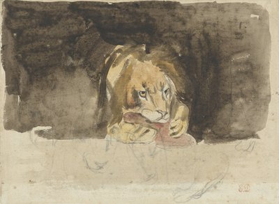 Kjøttetende løve, sett forfra, kommer ut mot en mørk bakgrunn av Eugène Delacroix