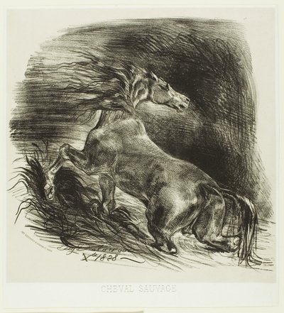 Villhest eller skremt hest som forlater vannet av Eugène Delacroix