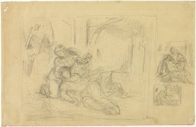 Kvinne døende(?), Mann på soverommet, to skisser av samme av Eugène Delacroix