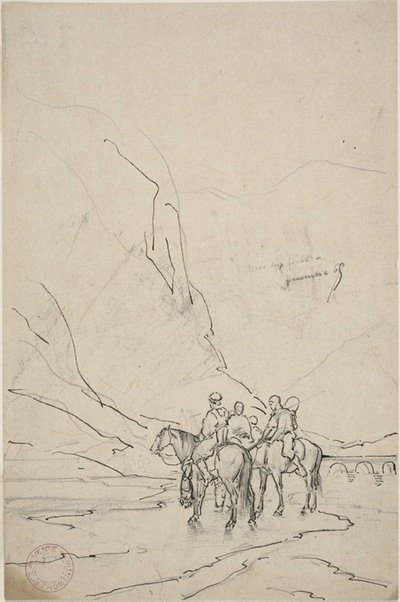 Menn på hesteryggen ved siden av elven av Eugène Fromentin