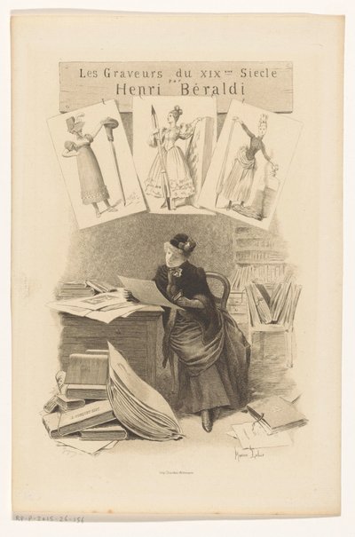 Kvinne ser på utskrifter bak et skrivebord Tittelside for: Henri Béraldi, Les engravers du XIXe siècle, 1899 av Eugène Gaujean