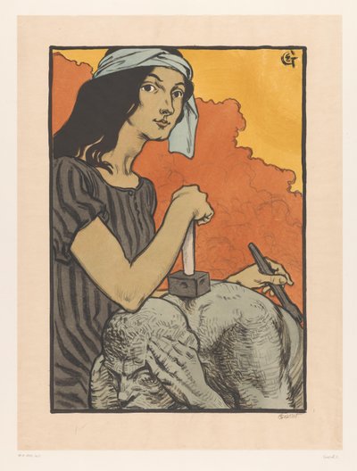 Skulptør arbeider med meisel og hammer på en skulptur La Sculpture (original tittel) av Eugène Grasset (signed by artist)