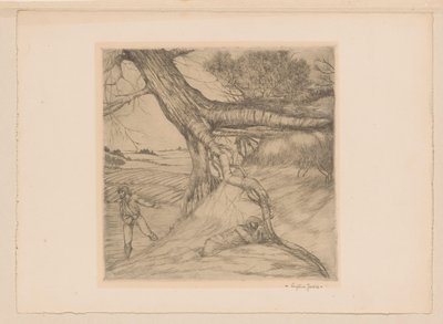 Såmann og liggende figur med foldede hender i et landskap av Eugène Joors (signed by artist)