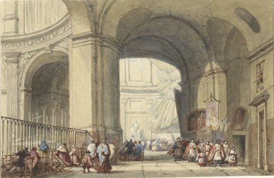 Interiør i S. Roche i Paris, med en prosesjon i forgrunnen av Eugène Louis Lami (possibly)
