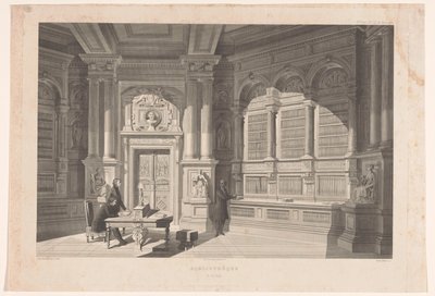Interiøret i et bibliotek Bibliothèque O. du Plan (tittel på objekt) av Eugène Napoléon Varin
