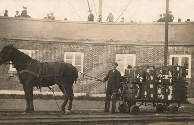 Portier med en hestetrukket bagasjevogn ved bryggene (s/hv-bilde) av European Photographer
