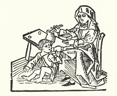 1400-talls sykepleier og barn (gravering) av European School