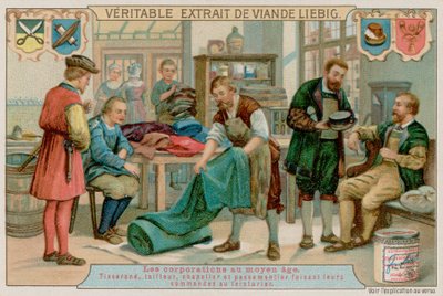 En vever, skredder, hattemaker og flettemaker gir ordrene sine til en farger av European School