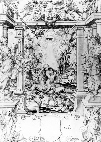 Adam og Eva, 1609 (penn og blekk) av European School