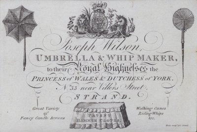 Annonse for Joseph Wilson, paraply- og piskmaker, London (gravering) av European School