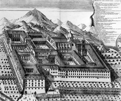 Luftfoto av Monte Cassino, Italia gravering) av European School