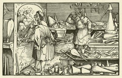 Alkymistens laboratorium på 1500-tallet (tresnitt) av European School