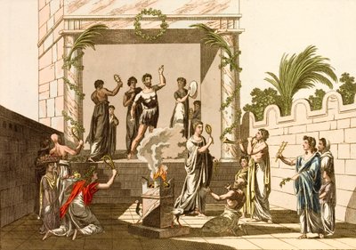 Gamle romere som utfører ritene til Isis, Pompeii (farget gravering) av European School