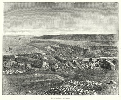 Arkeologiske utgravninger av den gamle egyptiske byen Tanis (litho) av European School