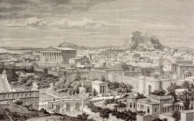 Kunstnerinntrykk av Athen, på keiser Hadrians tid, fra 