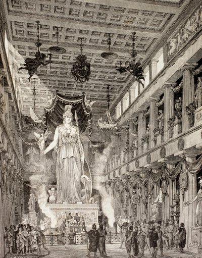 Kunstnerinntrykk av statuen av gudinnen Athena i Parthenon, Athen, under den klassiske perioden, fra 