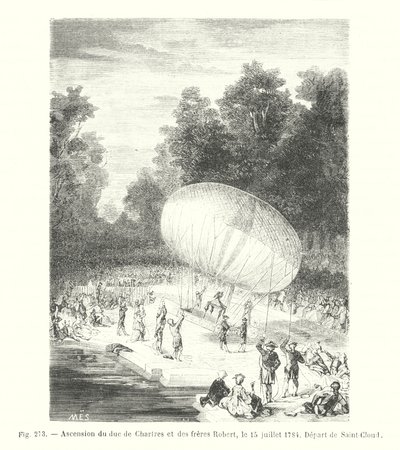 Himmelfart av hertugen av Chartres og Robert-brødrene, 15. juli 1784, Avreise fra Saint-Cloud (gravering) av European School
