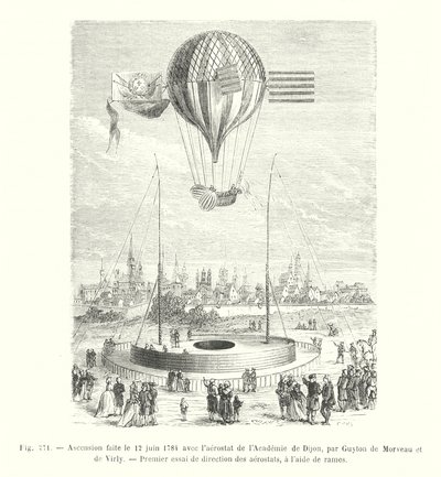 Oppstigning utført 12. juni 1784 med aerostaten til Academy of Dijon, av Guyton de Morveau og de Virly, Første test av retning av aerostater, ved bruk av årer (gravering) av European School