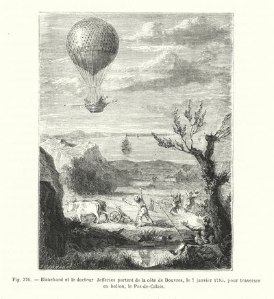 Blanchard og doktor Jefferies forlater kysten av Dover, 7. januar 1785, for å krysse Pas-de-Calais i en ballong (gravering) av European School